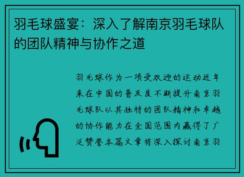 羽毛球盛宴：深入了解南京羽毛球队的团队精神与协作之道