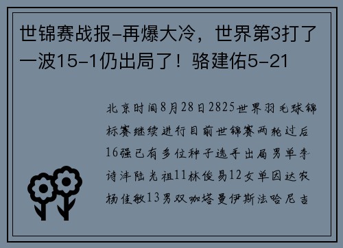 世锦赛战报-再爆大冷，世界第3打了一波15-1仍出局了！骆建佑5-21